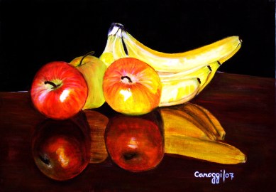 Mele e banane in riflesso [2007] - Olio su supporto telato (50 x 35 cm)