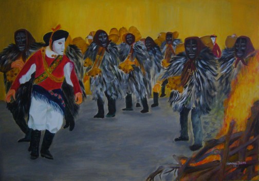 Sagra di Sant'Antonio [2015] - Mamoiada (NU): maschere arcaiche ballano intorno al fuoco - Acrilico su tela Gallery (100 x 70 cm)