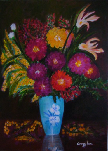 Vaso di fiori misti con mimose - Acrilico su tela (50 x 70 cm, 2016)